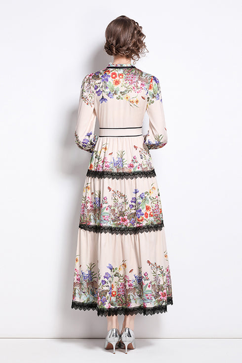 Runway Fashion Eye-Catching Floral Print Bow-Neck, Lantern Sleeve, Lace Up Vintage Women Autumn  Ruffled, Flared Holiday, Party Maxi Dress